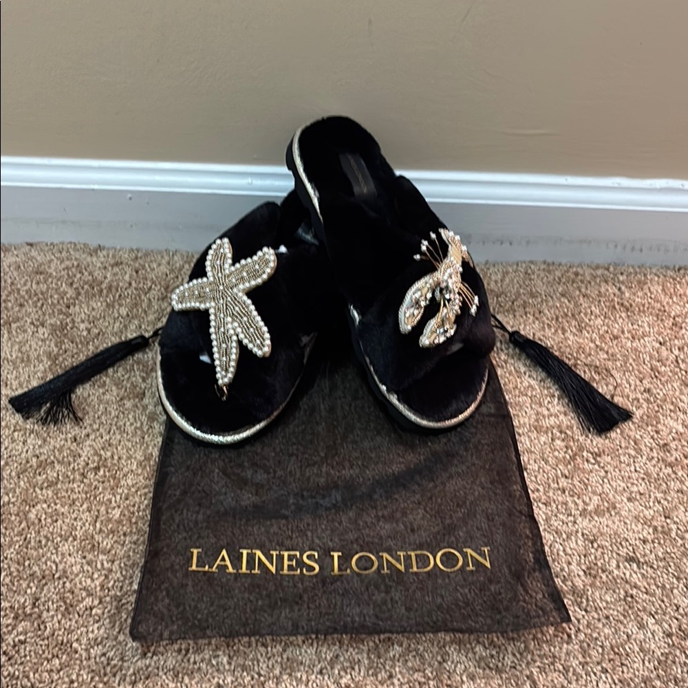 Laines London Fluffy Black and Gold Embellished Women's Slippers